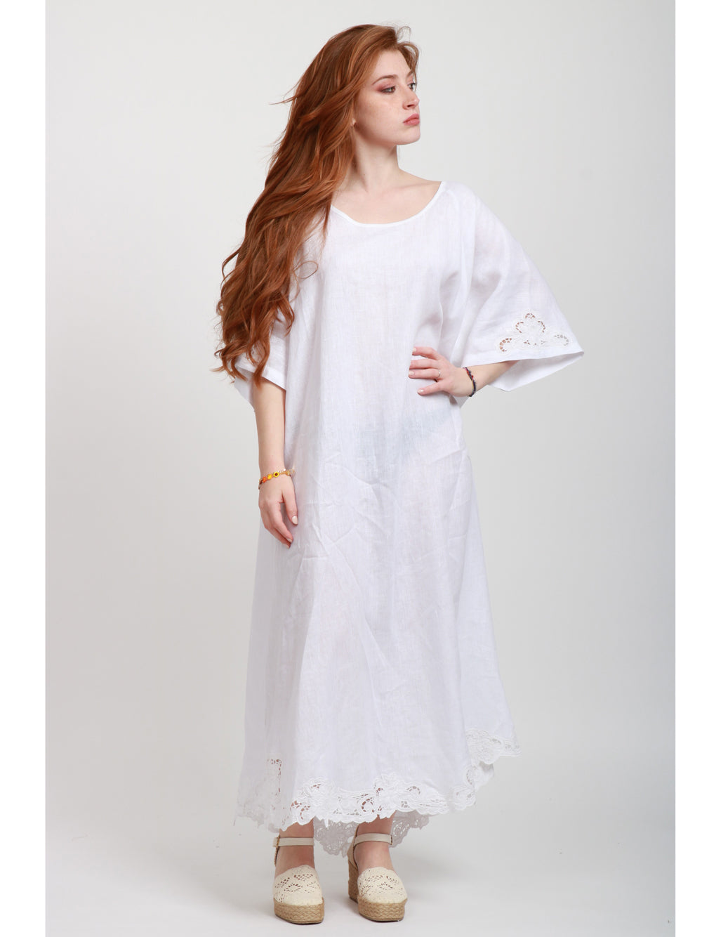 MASTRO Vestito Lungo Burano in Lino Bianco con RIcami Bianco