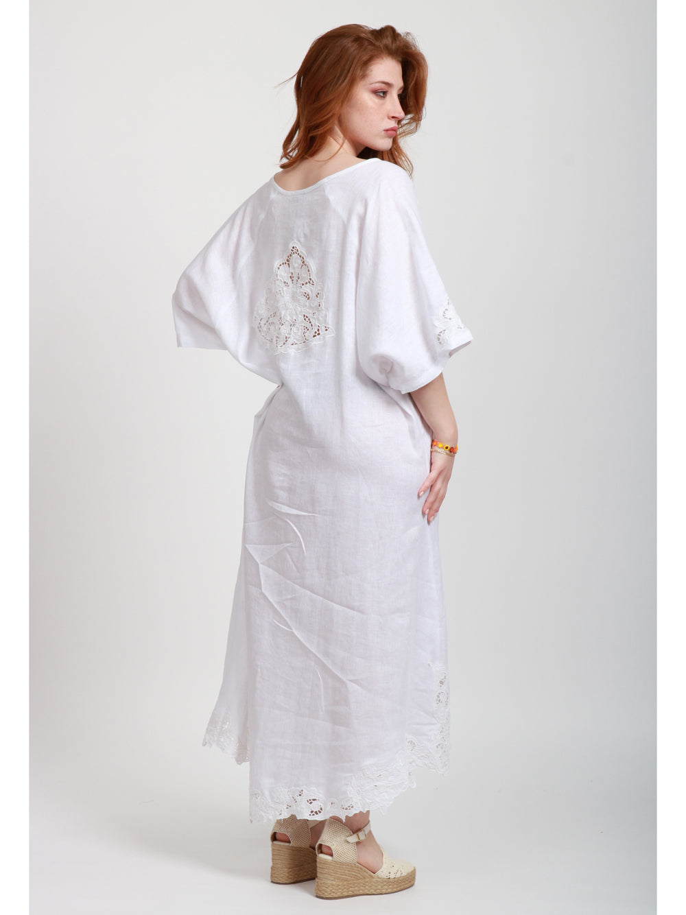 MASTRO Vestito Lungo Burano in Lino Bianco con RIcami Bianco