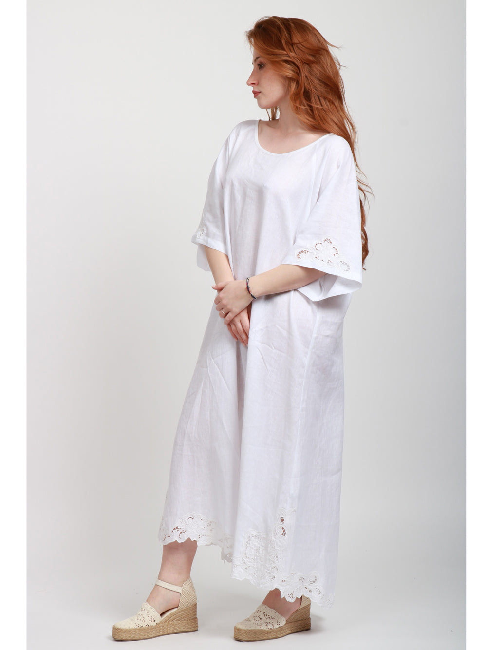 MASTRO Vestito Lungo Burano in Lino Bianco con RIcami Bianco