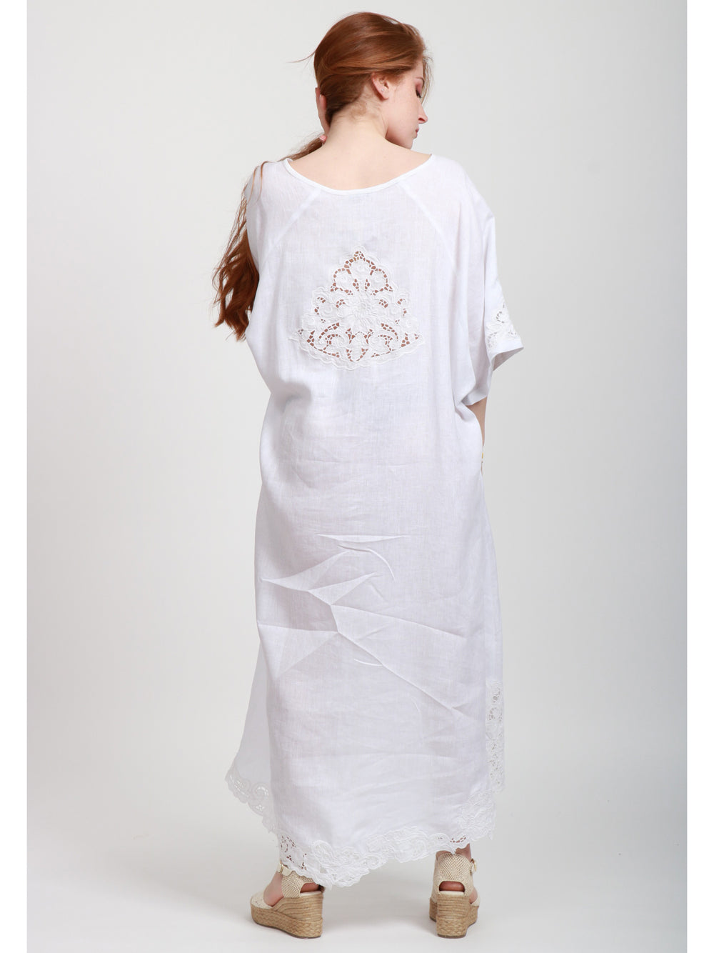 MASTRO Vestito Lungo Burano in Lino Bianco con RIcami Bianco