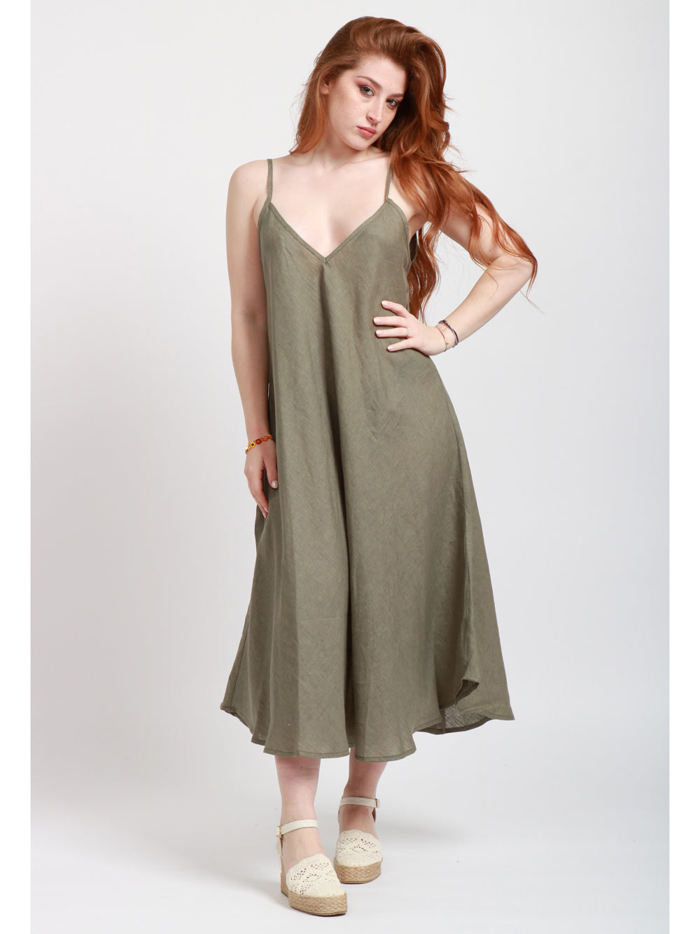 MASTRO Vestito Midi in Lino Verde Militare Verde militare