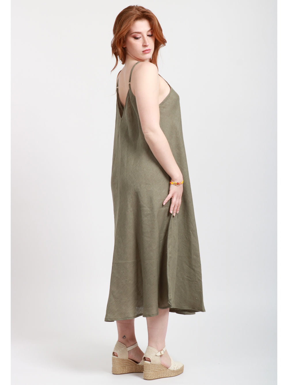 MASTRO Vestito Midi in Lino Verde Militare Verde militare