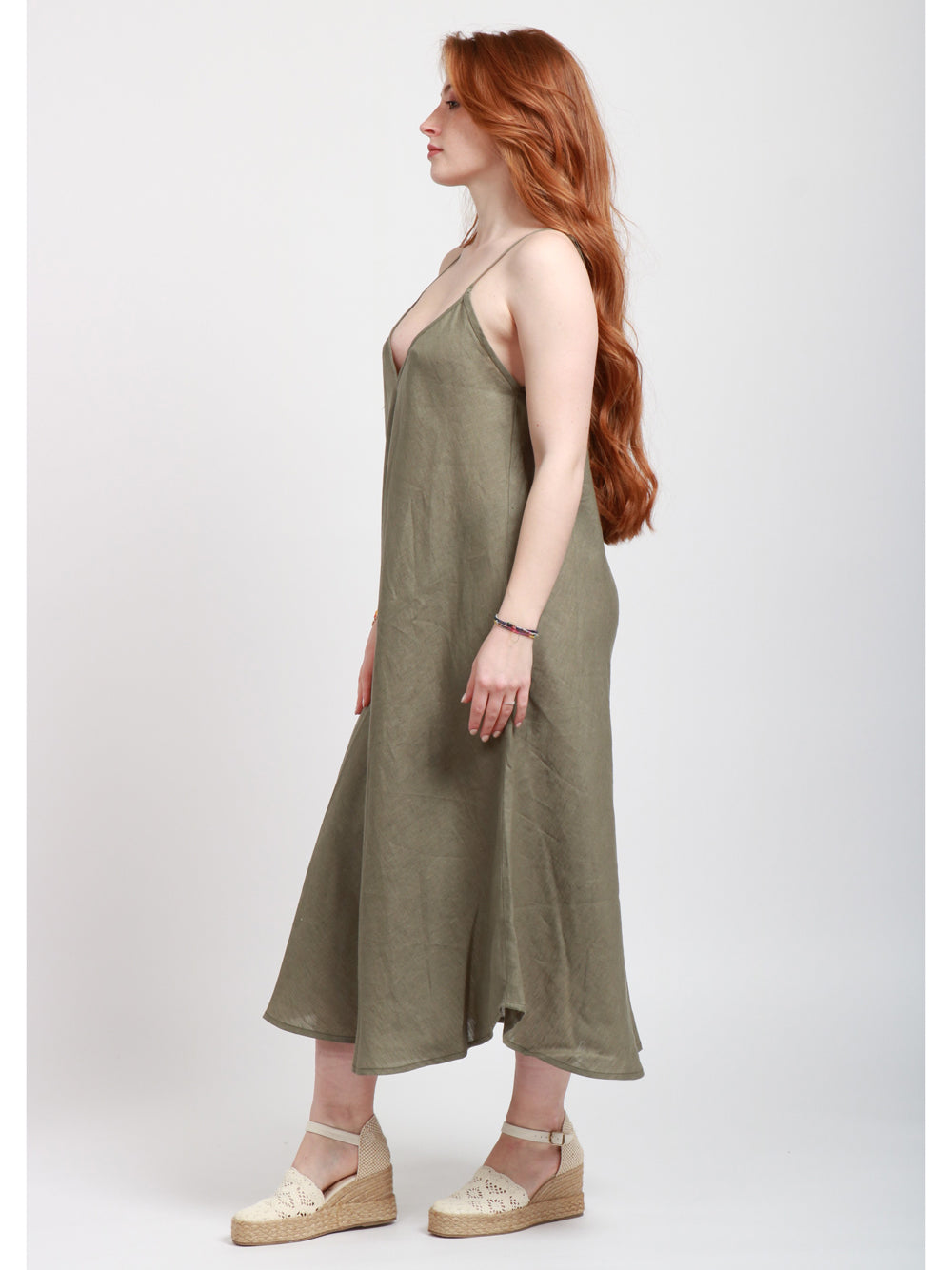 MASTRO Vestito Midi in Lino Verde Militare Verde militare