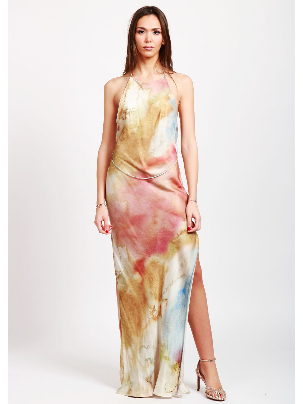 MERCI Vestito Sottoveste Lungo Tie Dye con Scollo all'Americana Multicolor