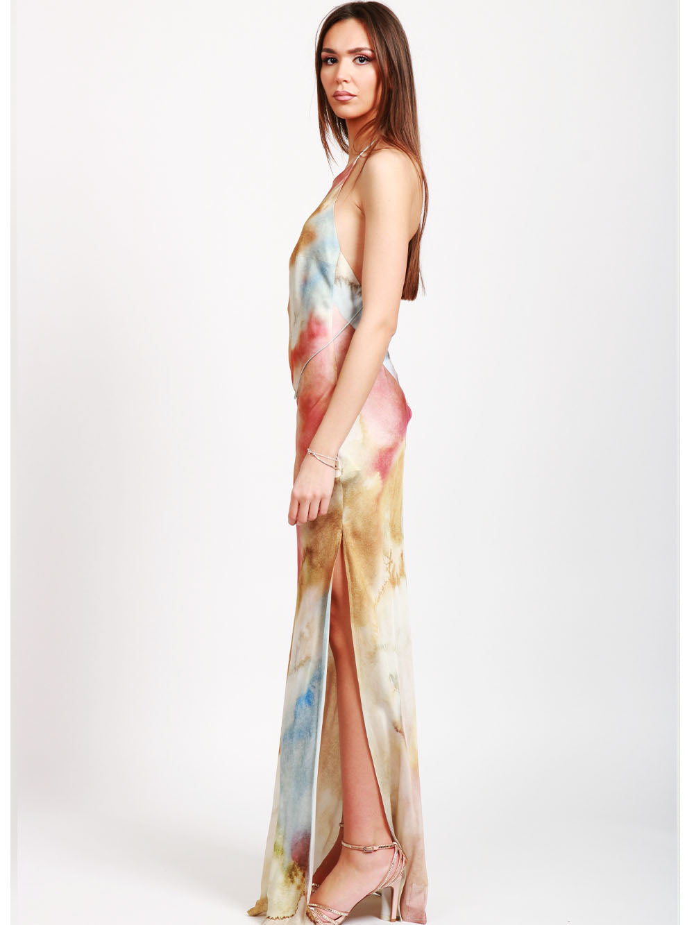 MERCI Vestito Sottoveste Lungo Tie Dye con Scollo all'Americana Multicolor