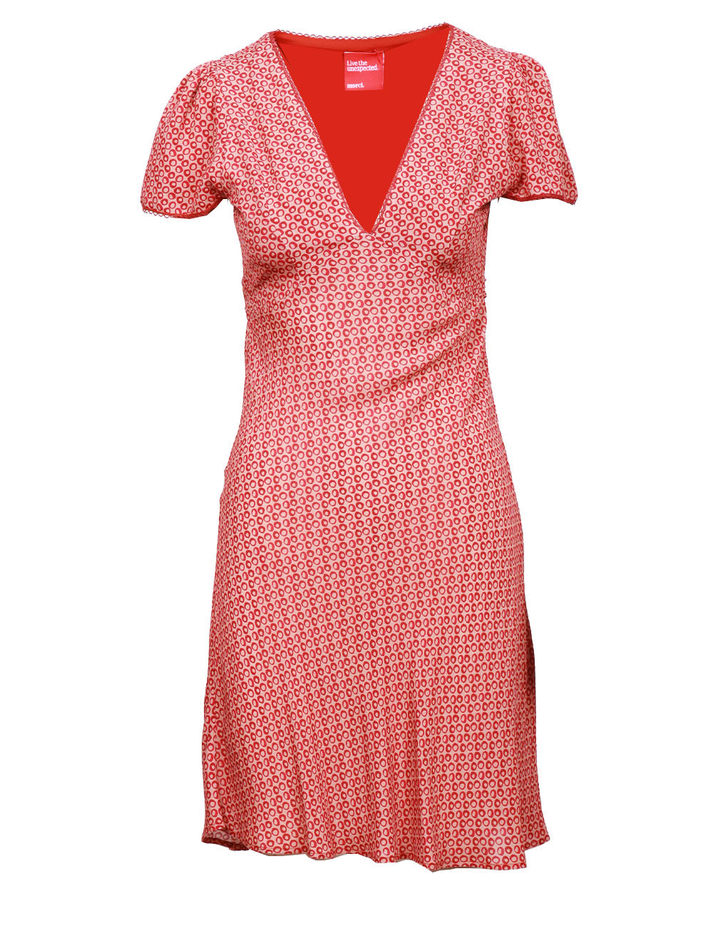 MERCI Vestito Corto a Fantasia Cipria e Rosso con Scollo a V Cipria/rosso