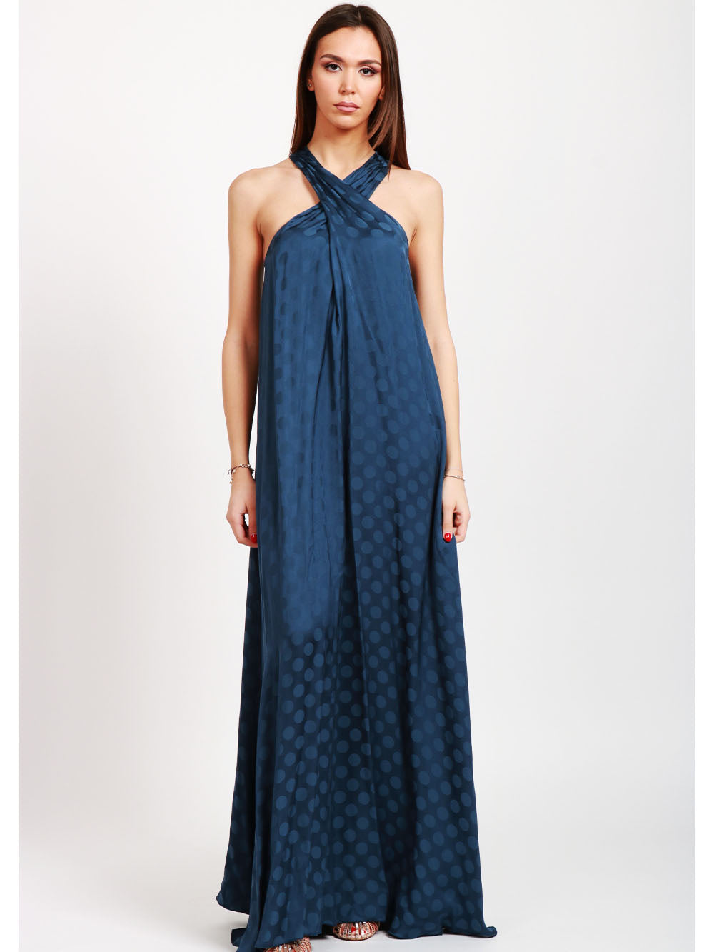 MERCI Vestito Lungo Blu con Pois e Scollo all'Americana Bluette