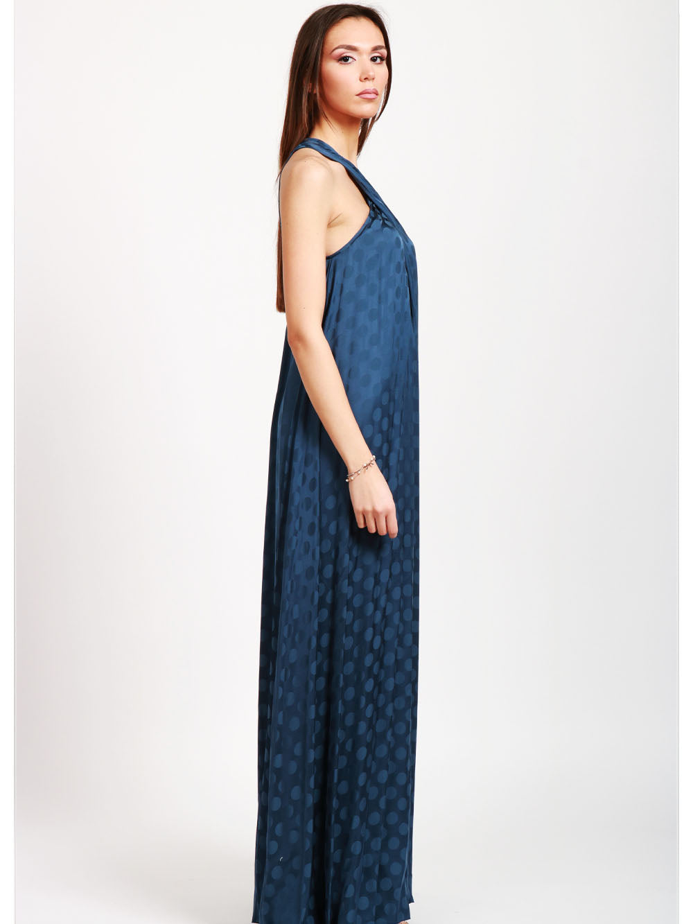 MERCI Vestito Lungo Blu con Pois e Scollo all'Americana Bluette
