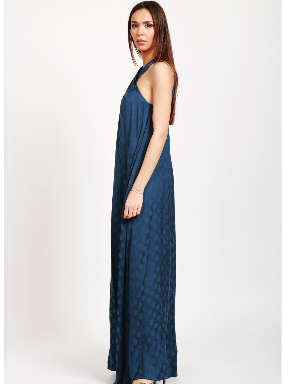 MERCI Vestito Lungo Blu con Pois e Scollo all'Americana Bluette