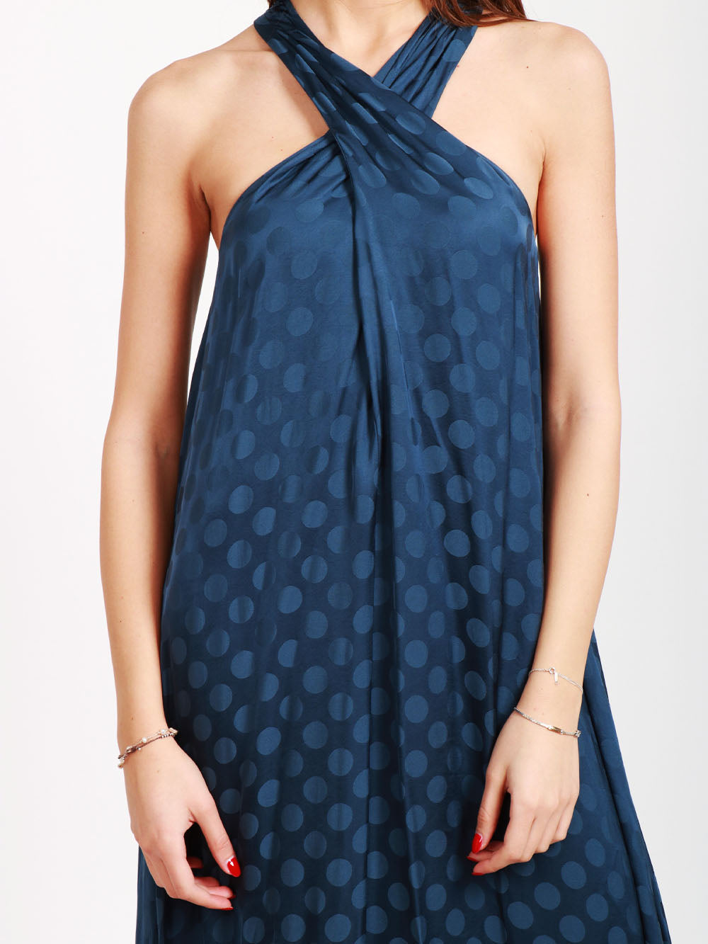 MERCI Vestito Lungo Blu con Pois e Scollo all'Americana Bluette
