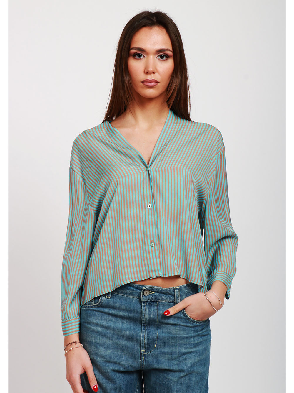 MERCI Camicia in Satin a Righe Celeste e Marrone Celeste marrone