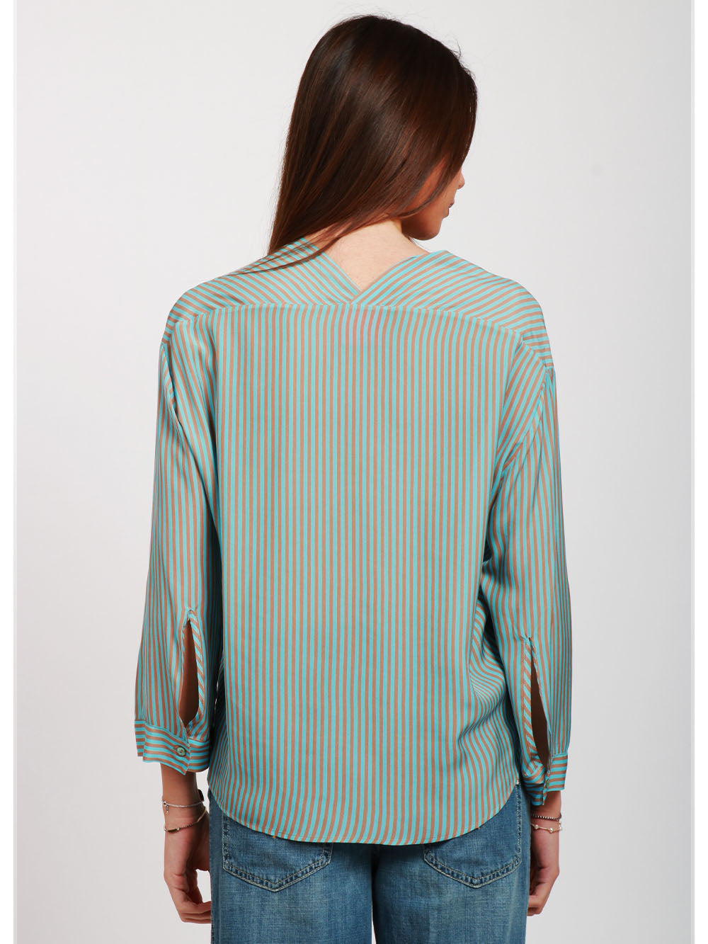 MERCI Camicia in Satin a Righe Celeste e Marrone Celeste marrone