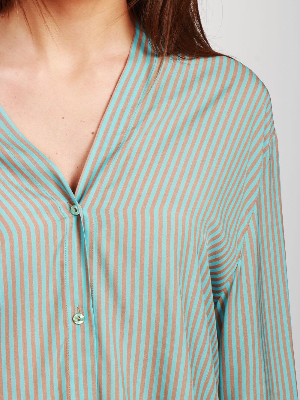 MERCI Camicia in Satin a Righe Celeste e Marrone Celeste marrone