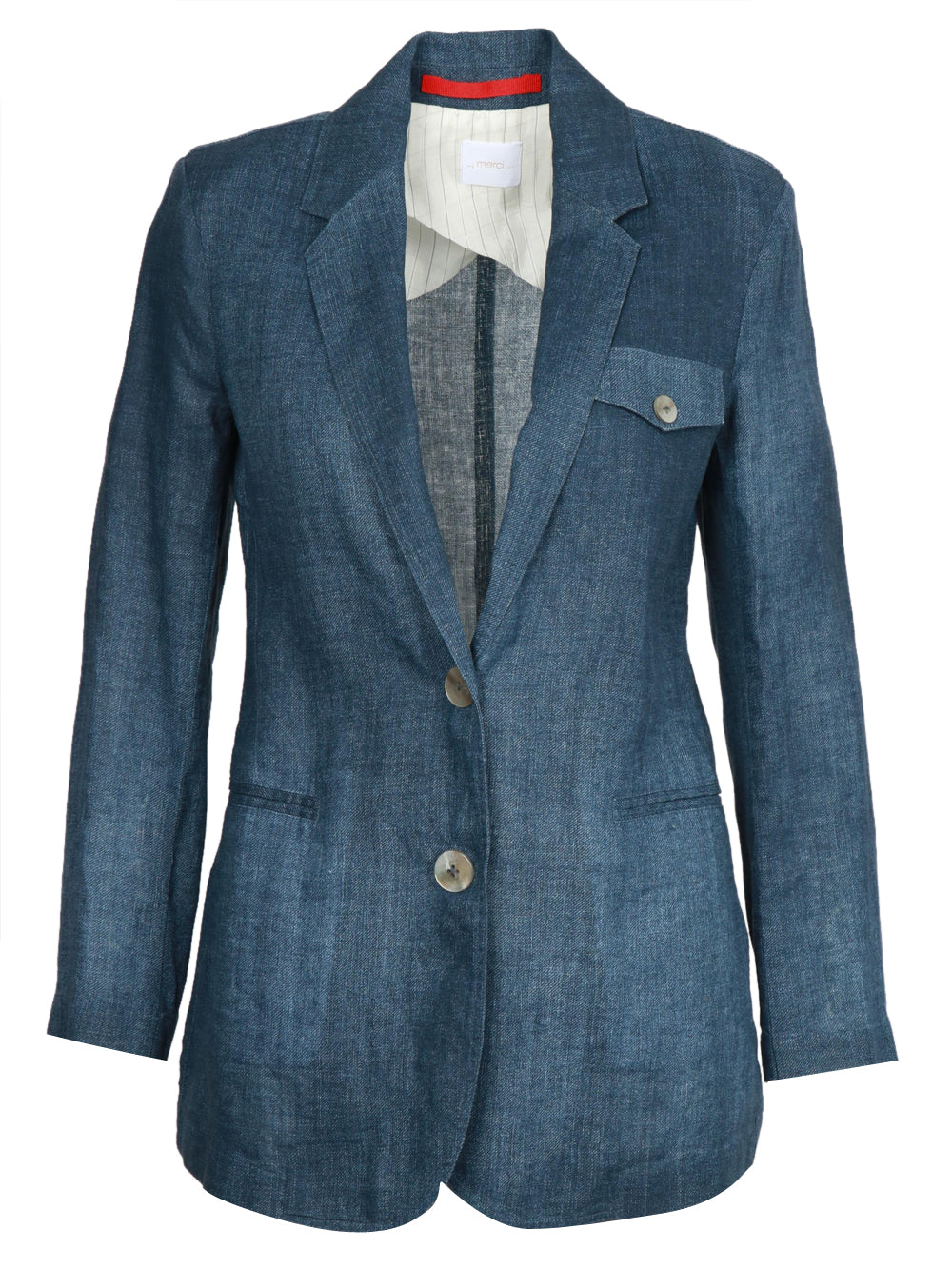 MERCI Giacca Monopetto in Denim di Lino Blu Denim