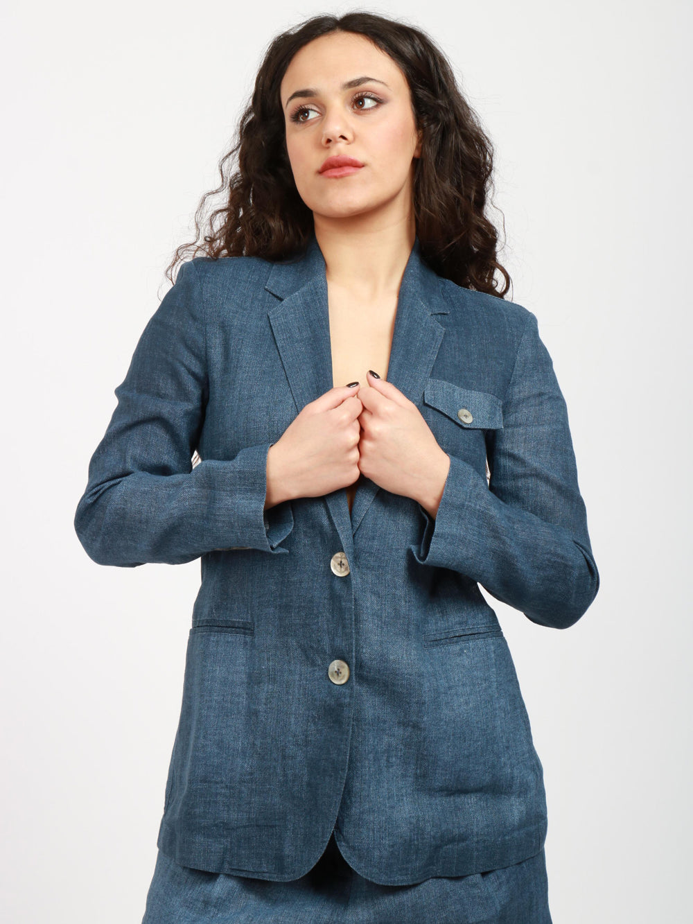 MERCI Giacca Monopetto in Denim di Lino Blu Denim