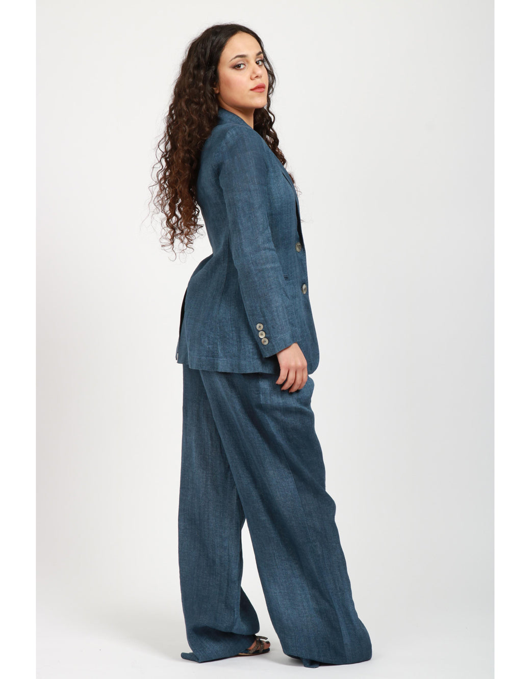 MERCI Giacca Monopetto in Denim di Lino Blu Denim