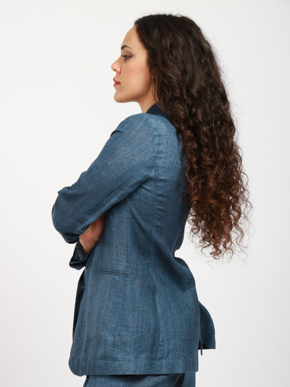 MERCI Giacca Monopetto in Denim di Lino Blu Denim