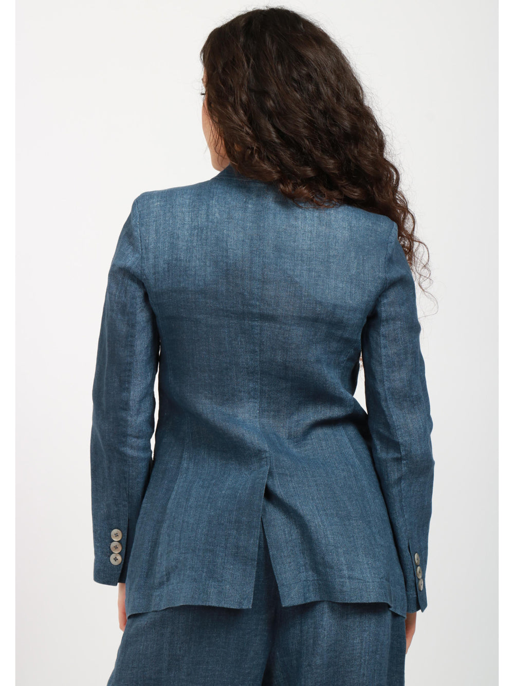 MERCI Giacca Monopetto in Denim di Lino Blu Denim