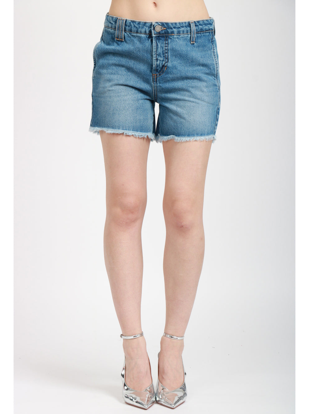 MERCI Shorts in Denim Blu con Fondo Sfrangiato Denim