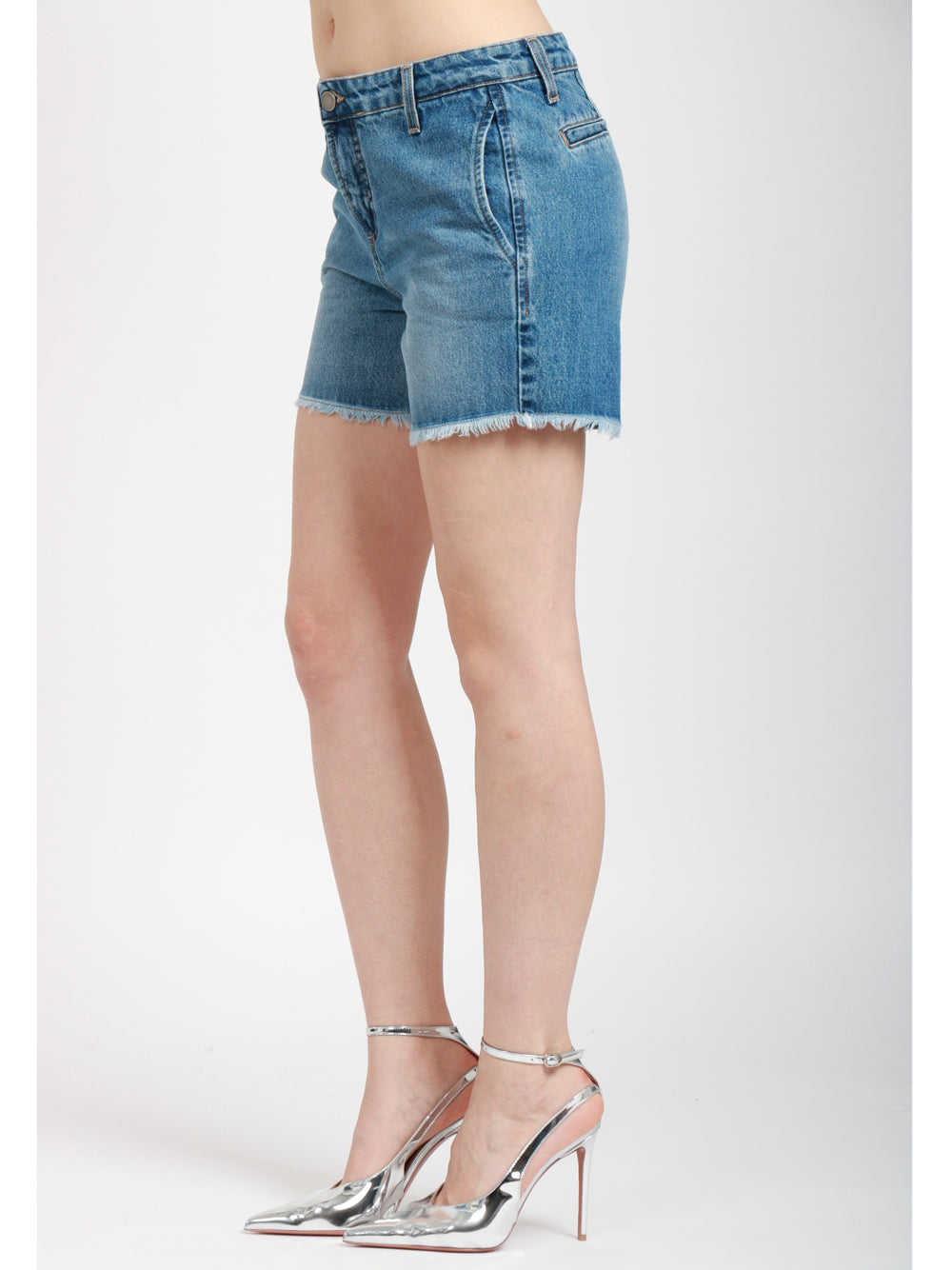 MERCI Shorts in Denim Blu con Fondo Sfrangiato Denim