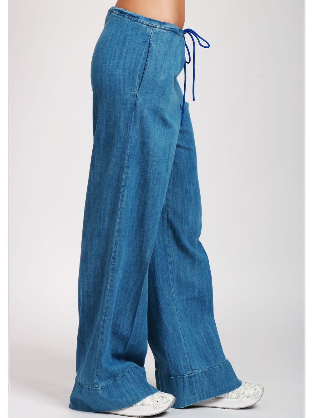 MERCI Jeans Palazzo in Denim Chambray di Cotone Blu Denim
