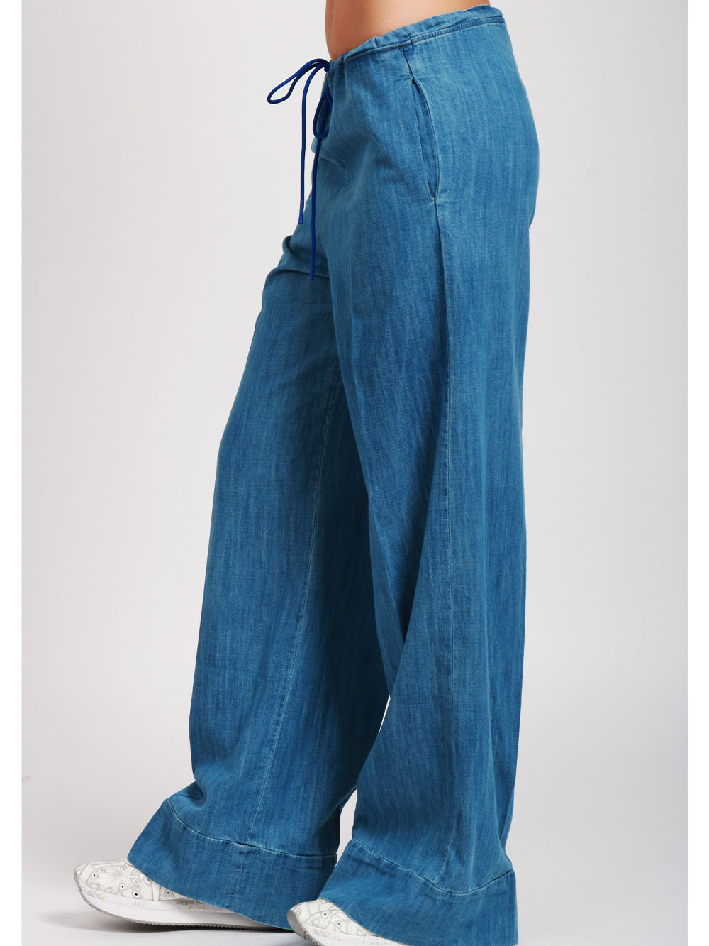 MERCI Jeans Palazzo in Denim Chambray di Cotone Blu Denim