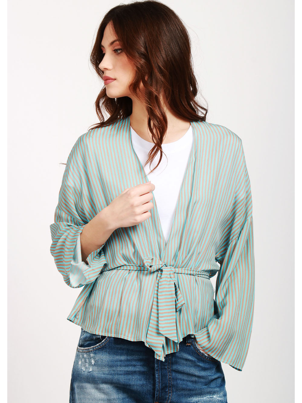 MERCI Giacca Kimono a Righe Celeste e Marrone Celeste marrone