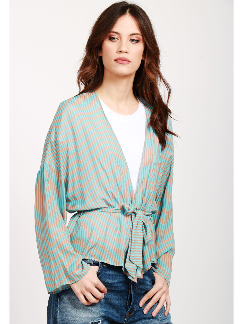 MERCI Giacca Kimono a Righe Celeste e Marrone Celeste marrone