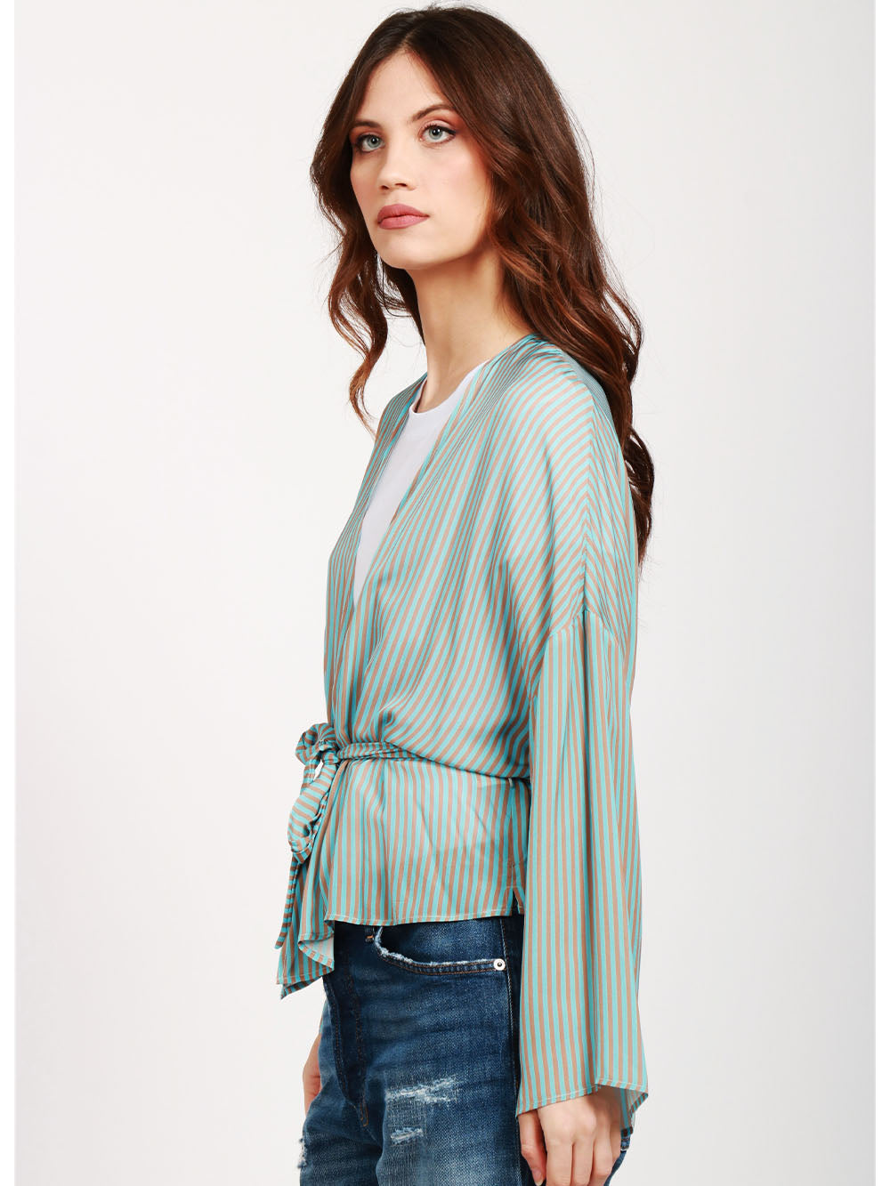 MERCI Giacca Kimono a Righe Celeste e Marrone Celeste marrone