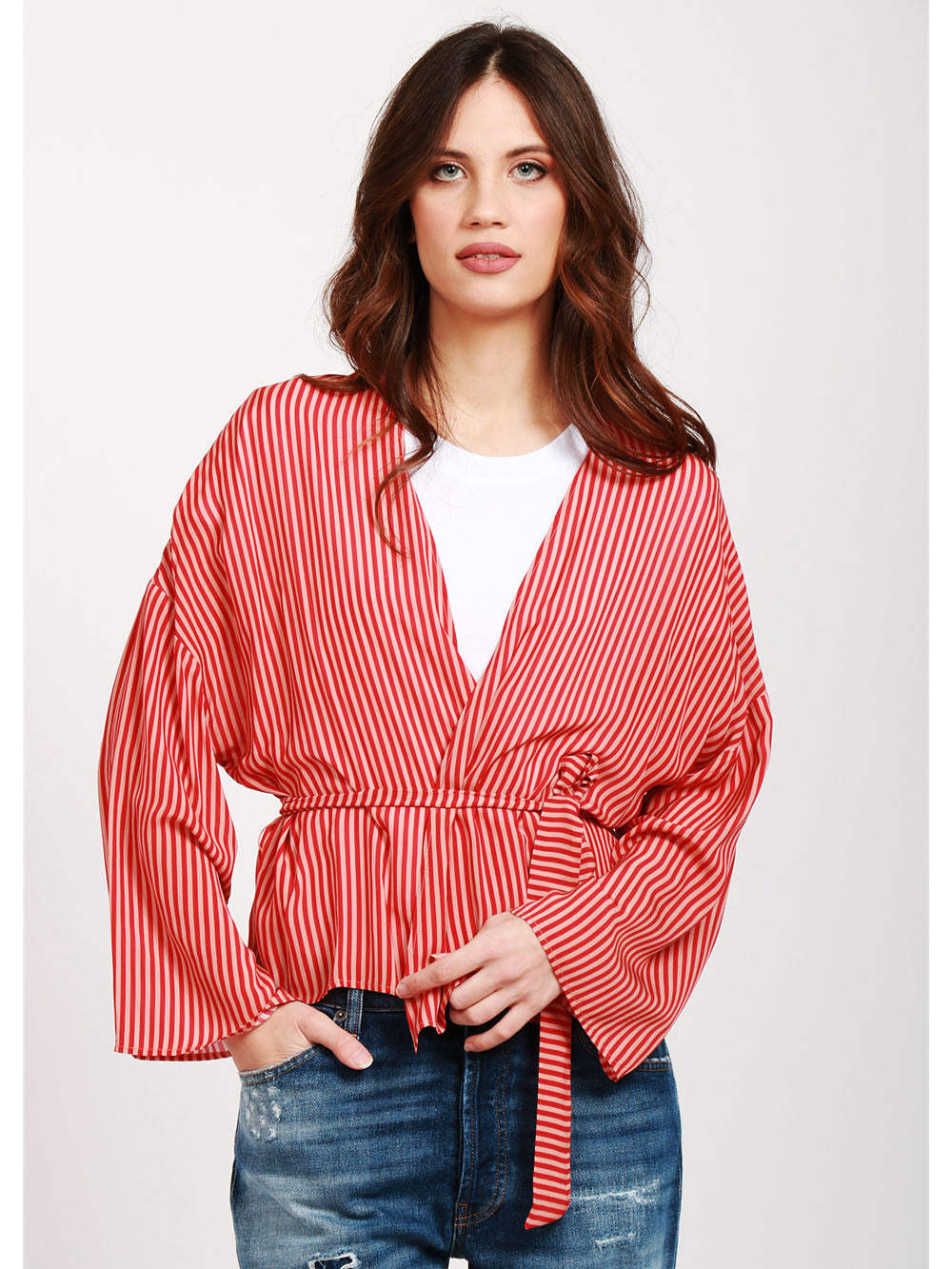 MERCI Giacca Kimono a Righe Cipria e Rossa Rosso Cipria