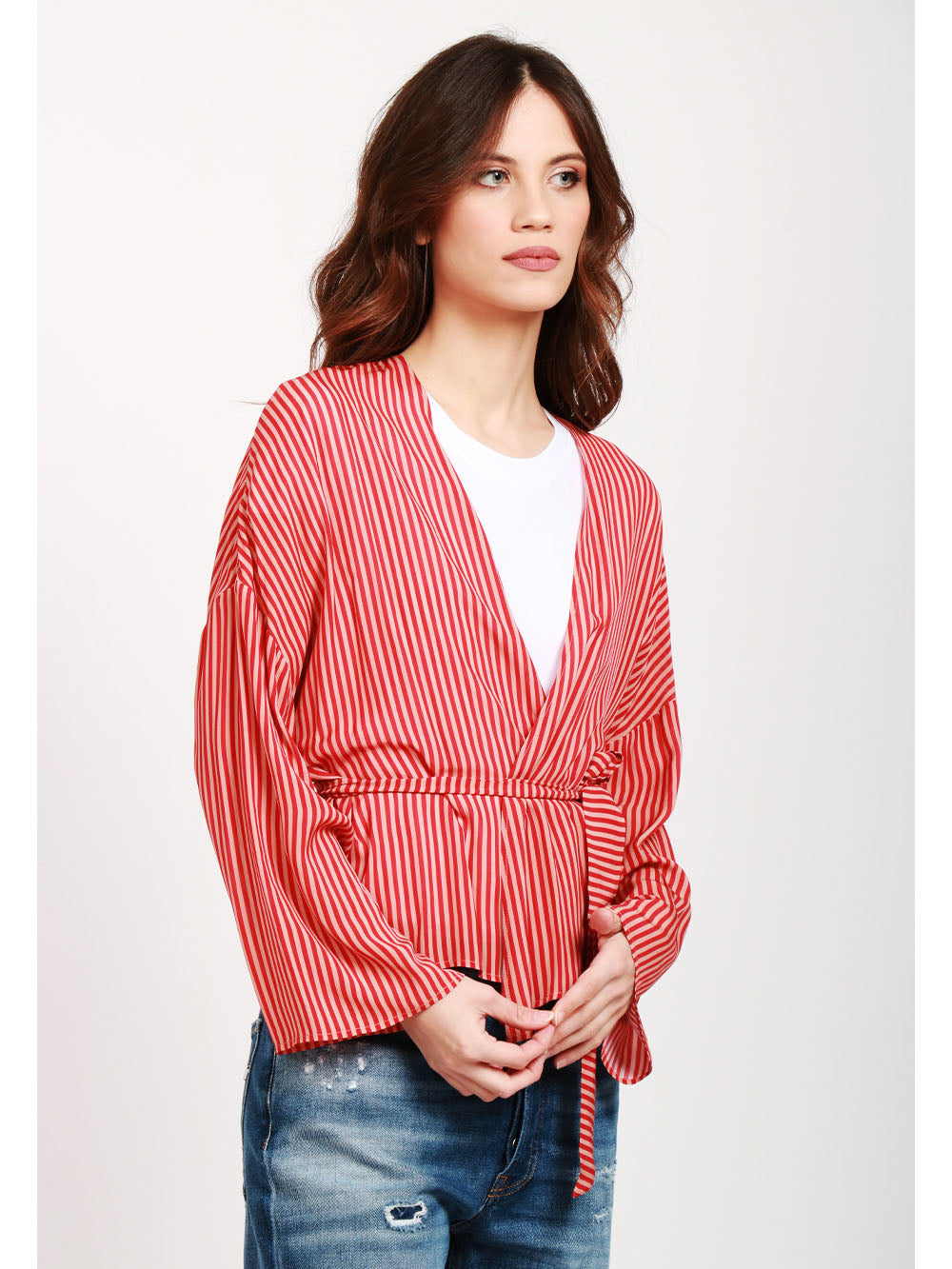 MERCI Giacca Kimono a Righe Cipria e Rossa Rosso Cipria