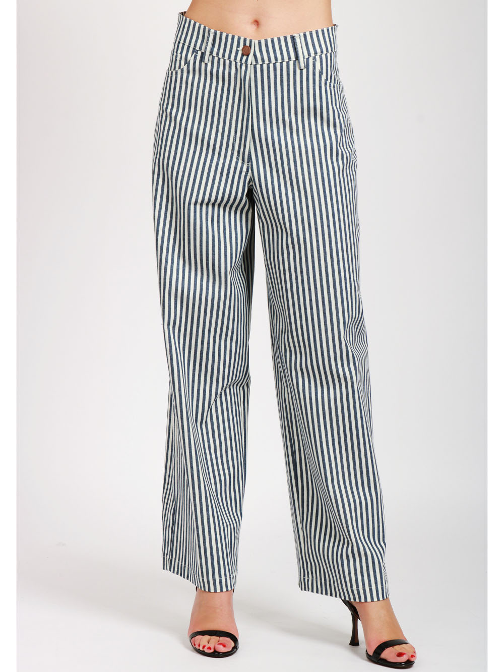 MERCI Pantaloni in Cotone a Righe Blu e Bianchi Blu Bianco