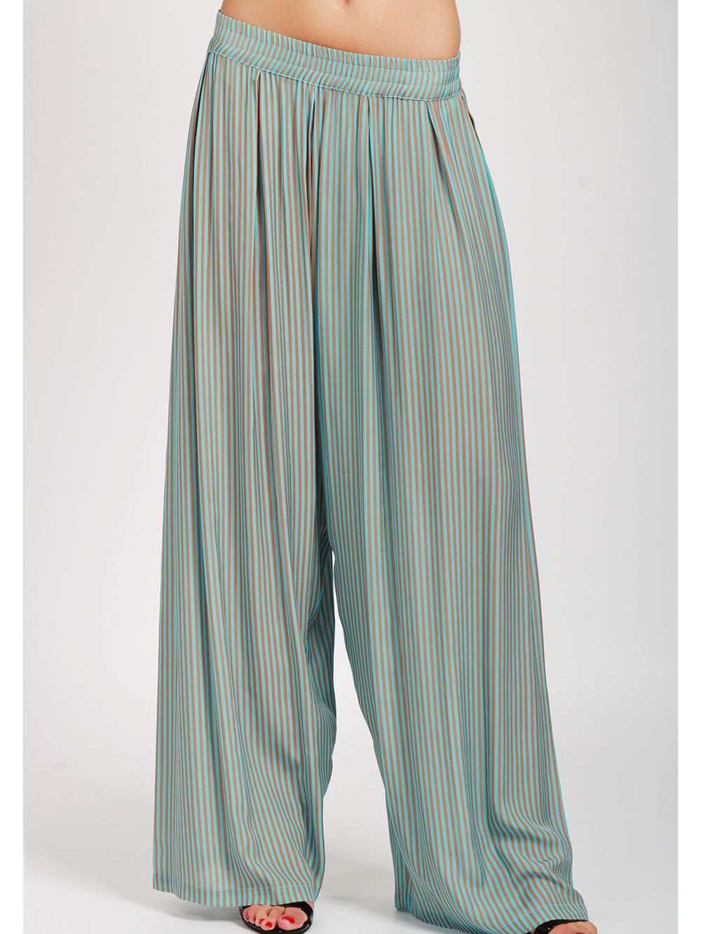 MERCI Pantaloni Palazzo a Righe Celesti e Marroni con Pinces Celeste marrone