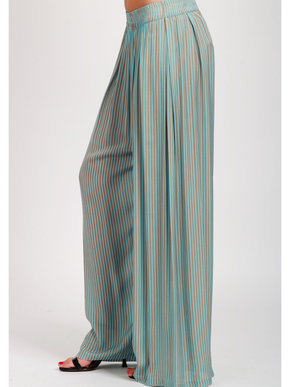 MERCI Pantaloni Palazzo a Righe Celesti e Marroni con Pinces Celeste marrone