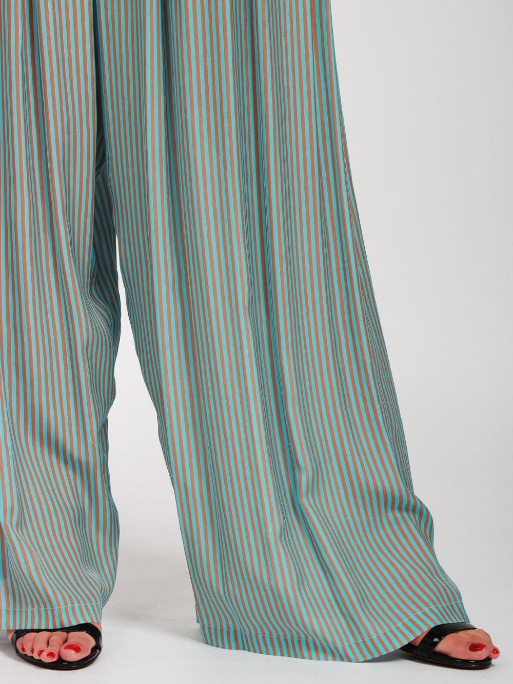 MERCI Pantaloni Palazzo a Righe Celesti e Marroni con Pinces Celeste marrone