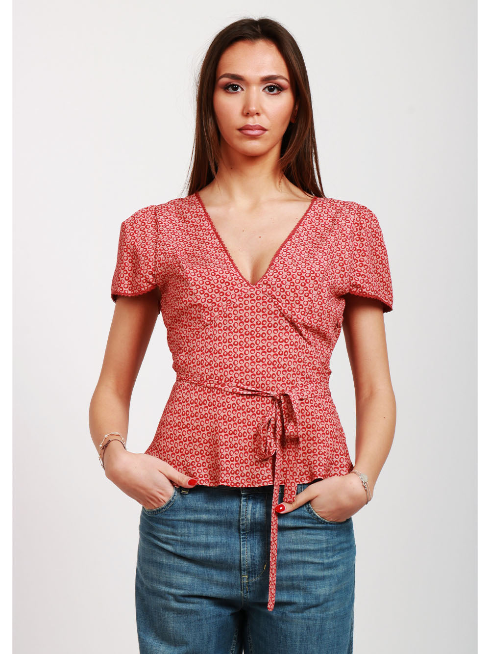 MERCI Blusa a Fantasia Cipria e Rossa con Scollo a V Cipria/rosso