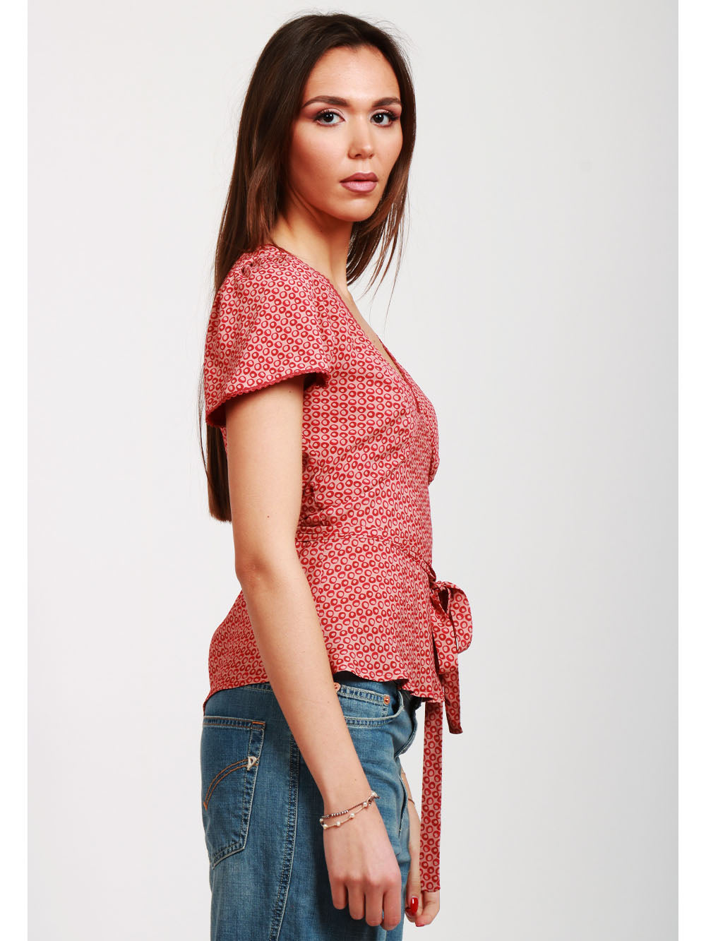 MERCI Blusa a Fantasia Cipria e Rossa con Scollo a V Cipria/rosso