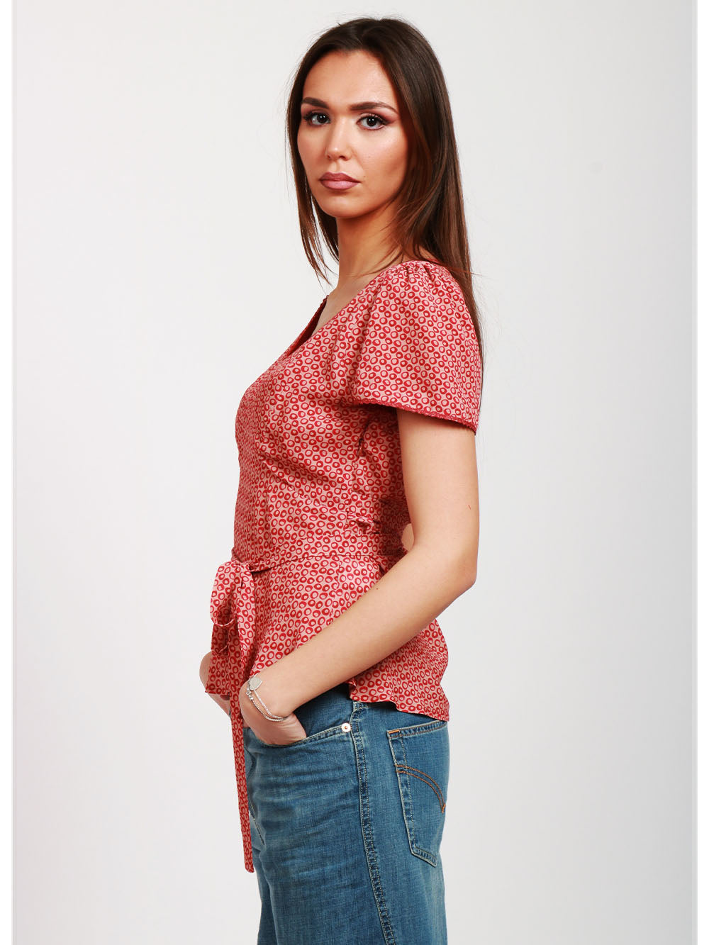 MERCI Blusa a Fantasia Cipria e Rossa con Scollo a V Cipria/rosso