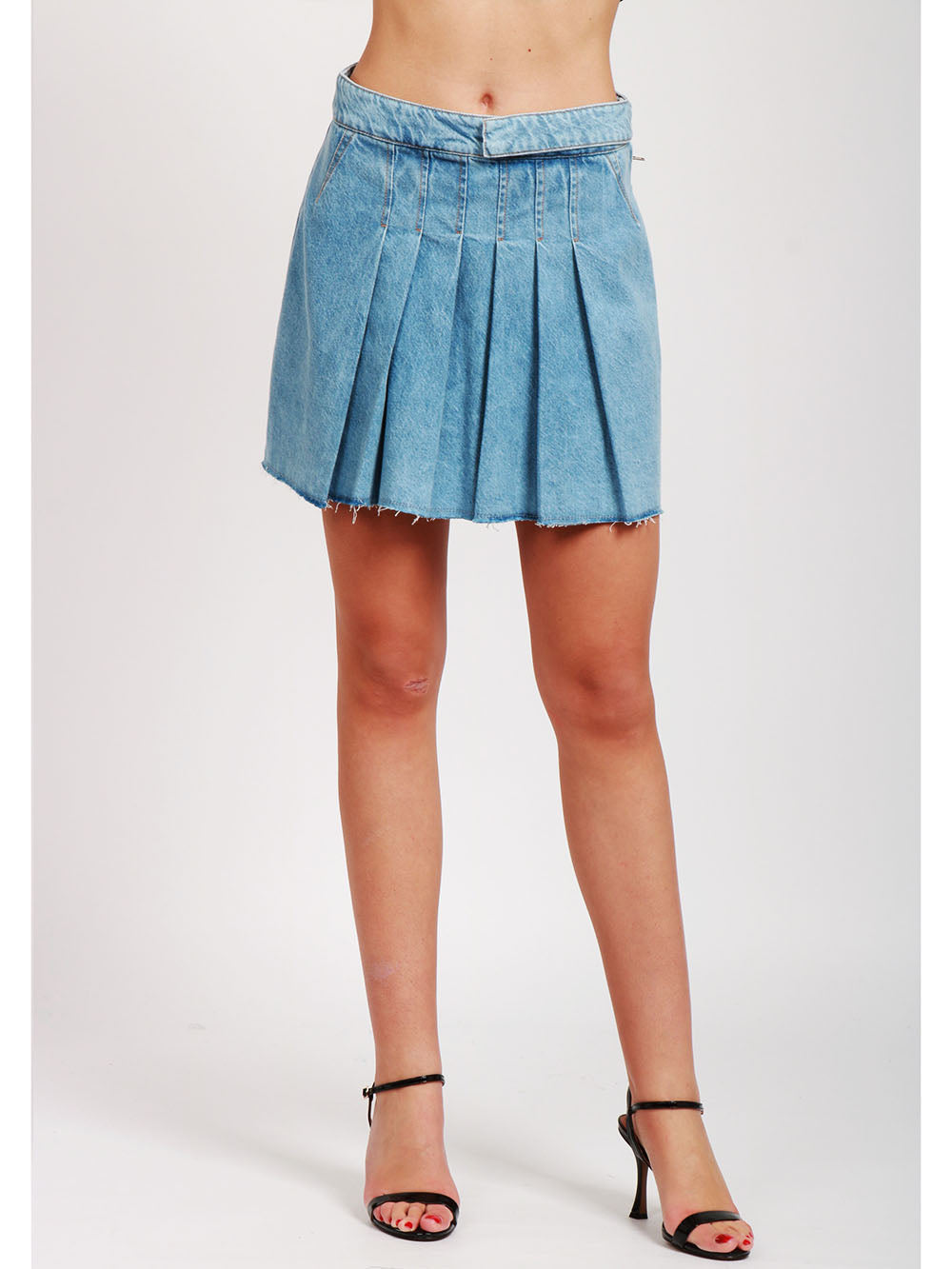 MERCI Minigonna a Pieghe in Denim Celeste Denim