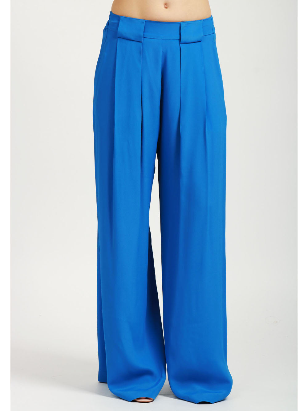 MOMONÌ Pantaloni Aspen Palazzo in Misto Seta Azzurri con Pinces Cobalto
