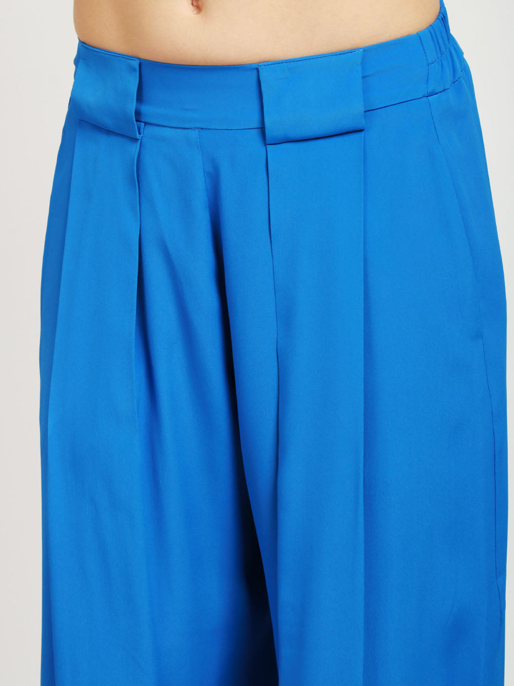 MOMONÌ Pantaloni Aspen Palazzo in Misto Seta Azzurri con Pinces Cobalto