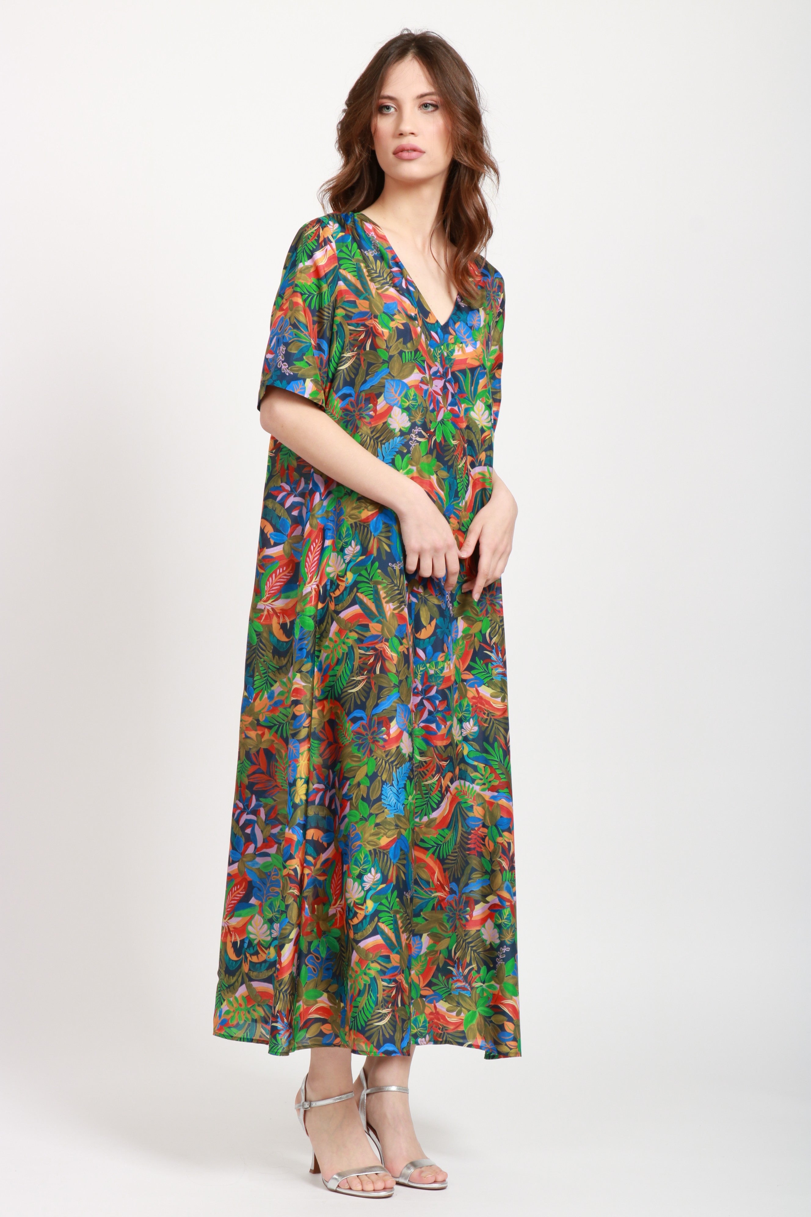 MOMONÌ Vestito Carnaval in Seta con Fantasia Multicolor Blu+color