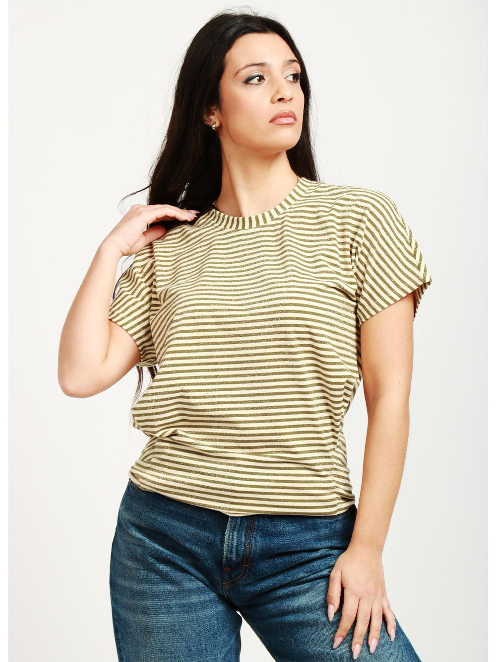 MOMONÌ T-Shirt Pawa Girocollo a Righe Verde e Panna con Lurex Verde/panna
