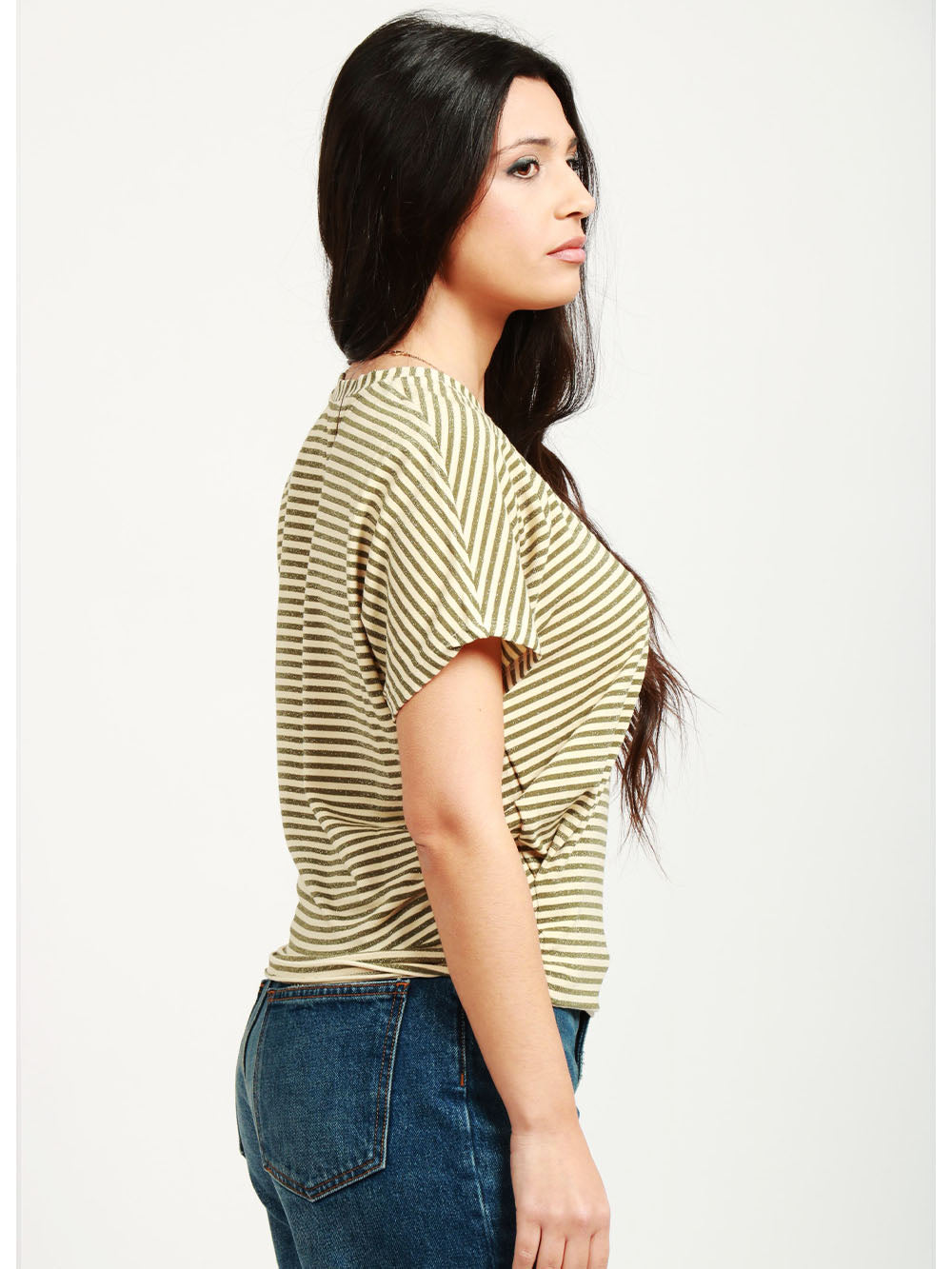 MOMONÌ T-Shirt Pawa Girocollo a Righe Verde e Panna con Lurex Verde/panna