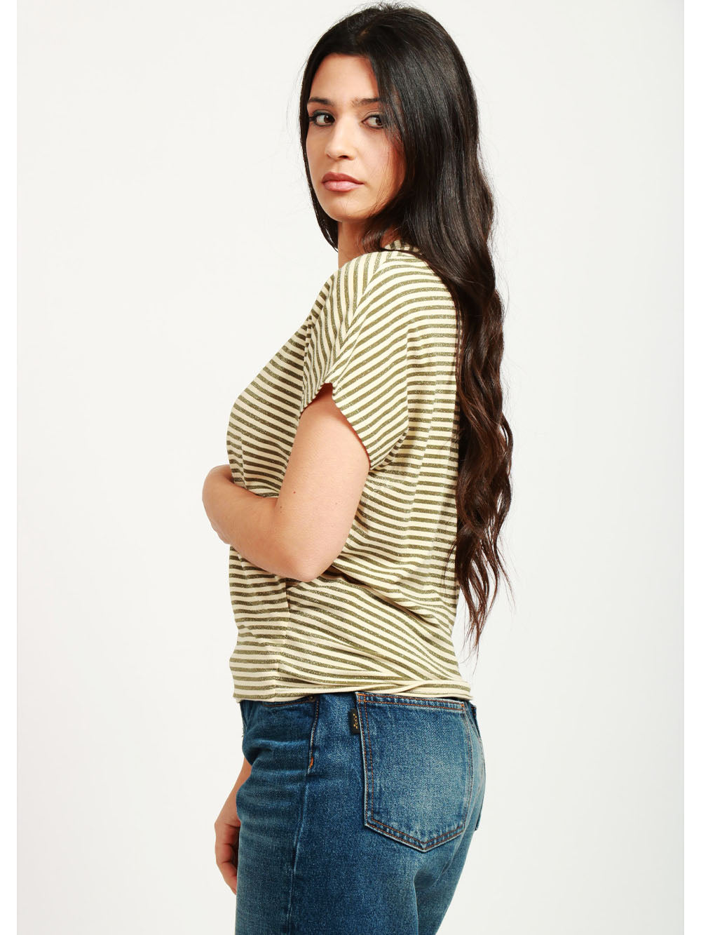 MOMONÌ T-Shirt Pawa Girocollo a Righe Verde e Panna con Lurex Verde/panna