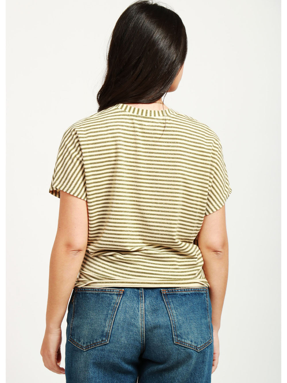 MOMONÌ T-Shirt Pawa Girocollo a Righe Verde e Panna con Lurex Verde/panna