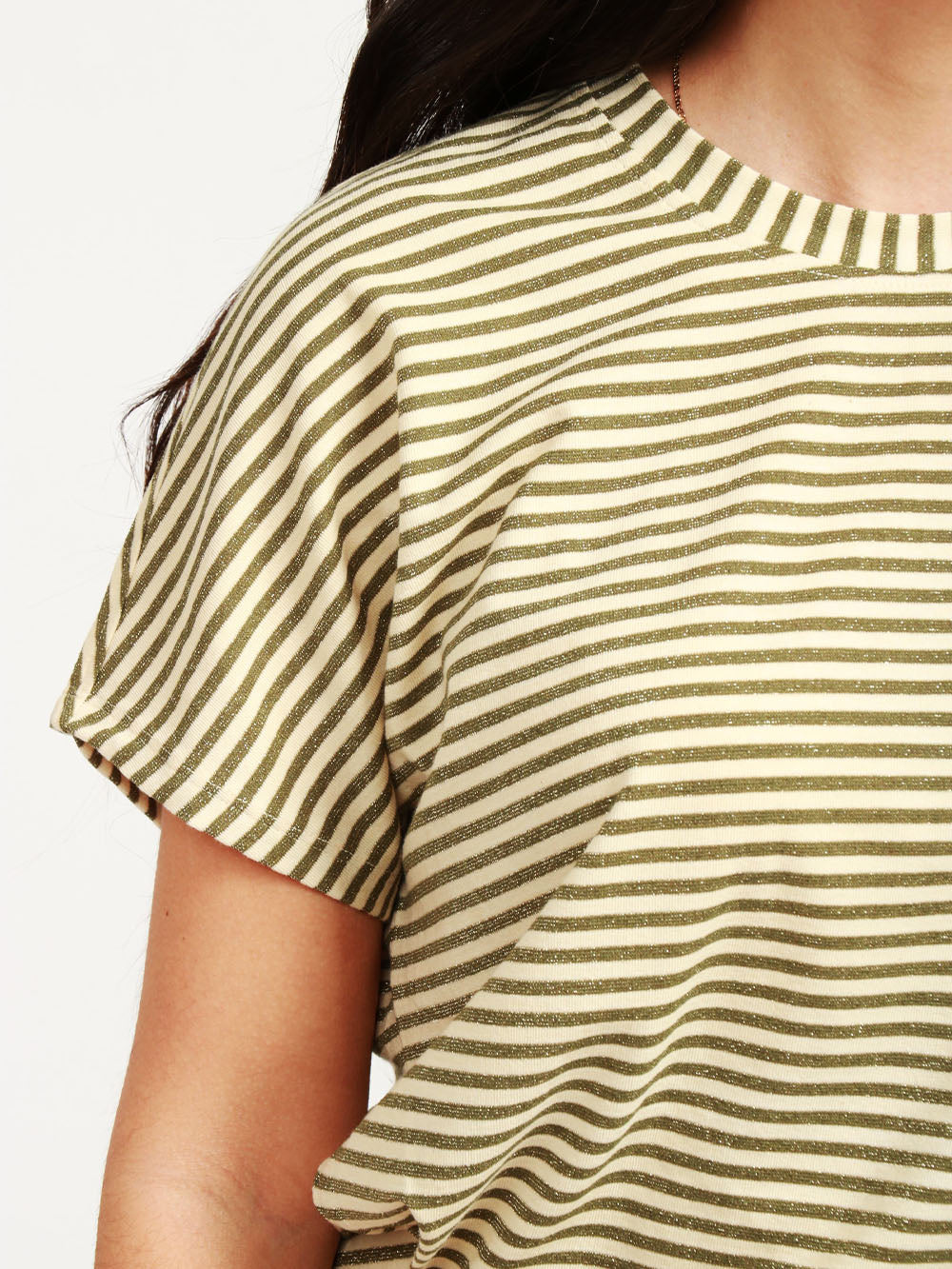 MOMONÌ T-Shirt Pawa Girocollo a Righe Verde e Panna con Lurex Verde/panna