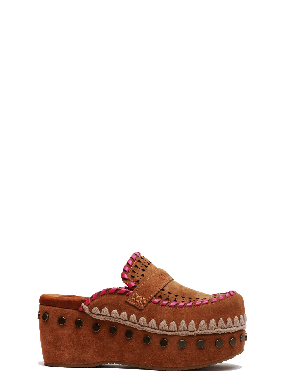 MOU Scarpe Zoccoli in Suede Cammello con Zeppa Cognac