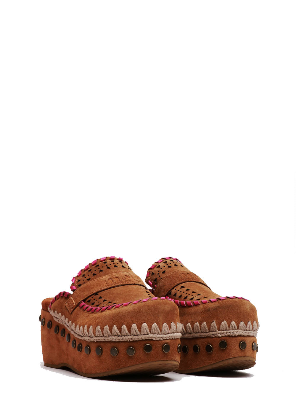 MOU Scarpe Zoccoli in Suede Cammello con Zeppa Cognac