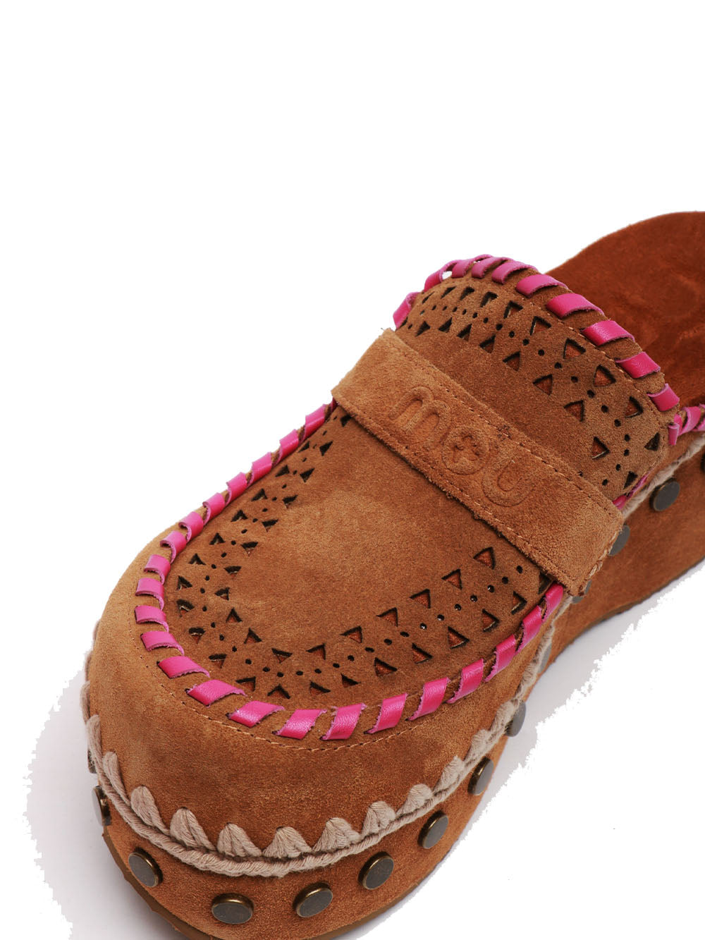MOU Scarpe Zoccoli in Suede Cammello con Zeppa Cognac